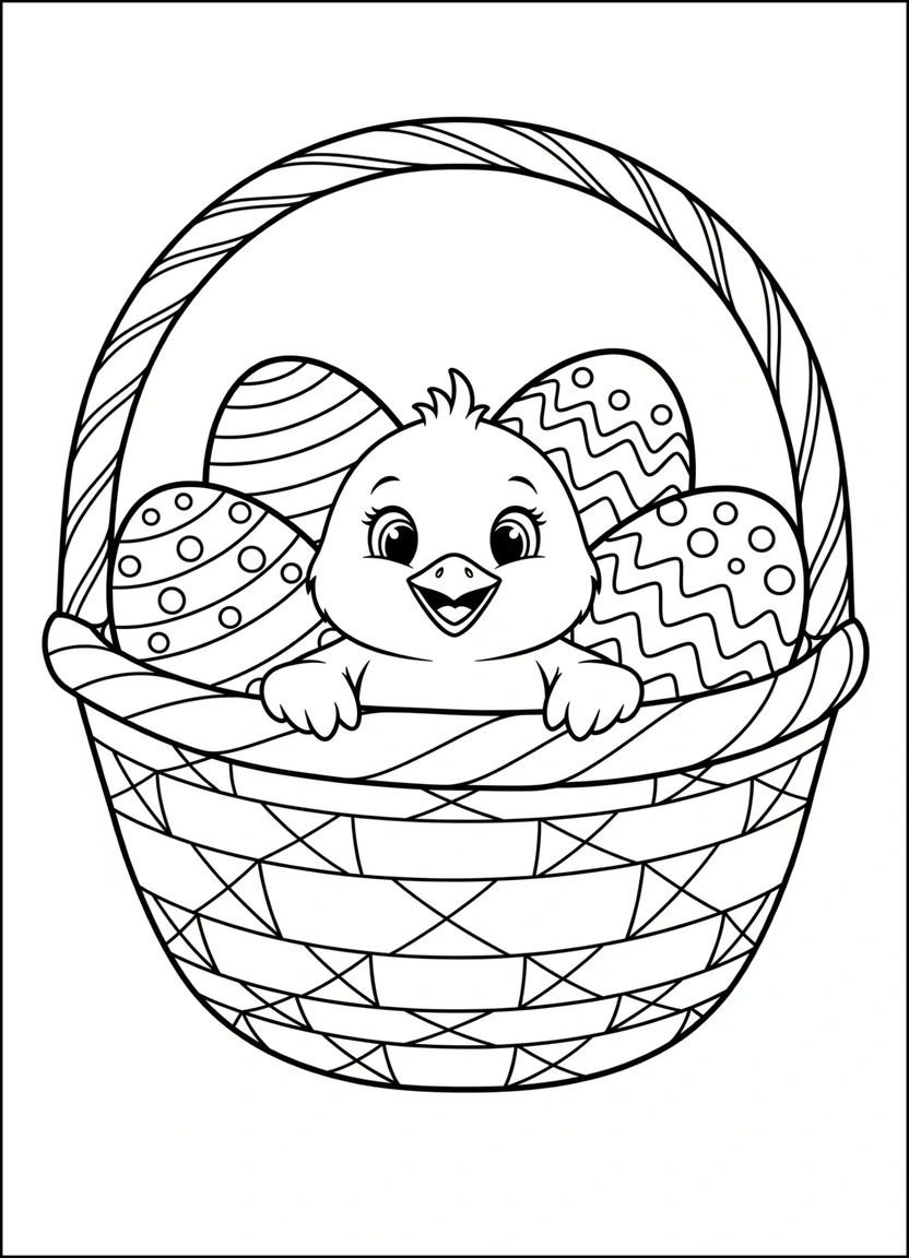 Easter chick sitting in basket with eggs coloring page