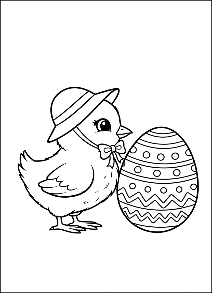 Easter chick wearing bonnet coloring page