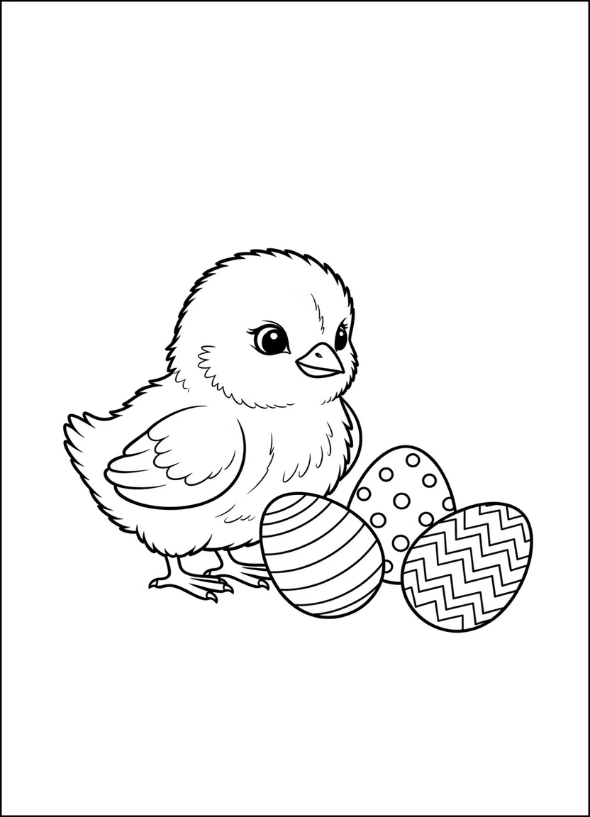 Easter chick with decorated eggs coloring page