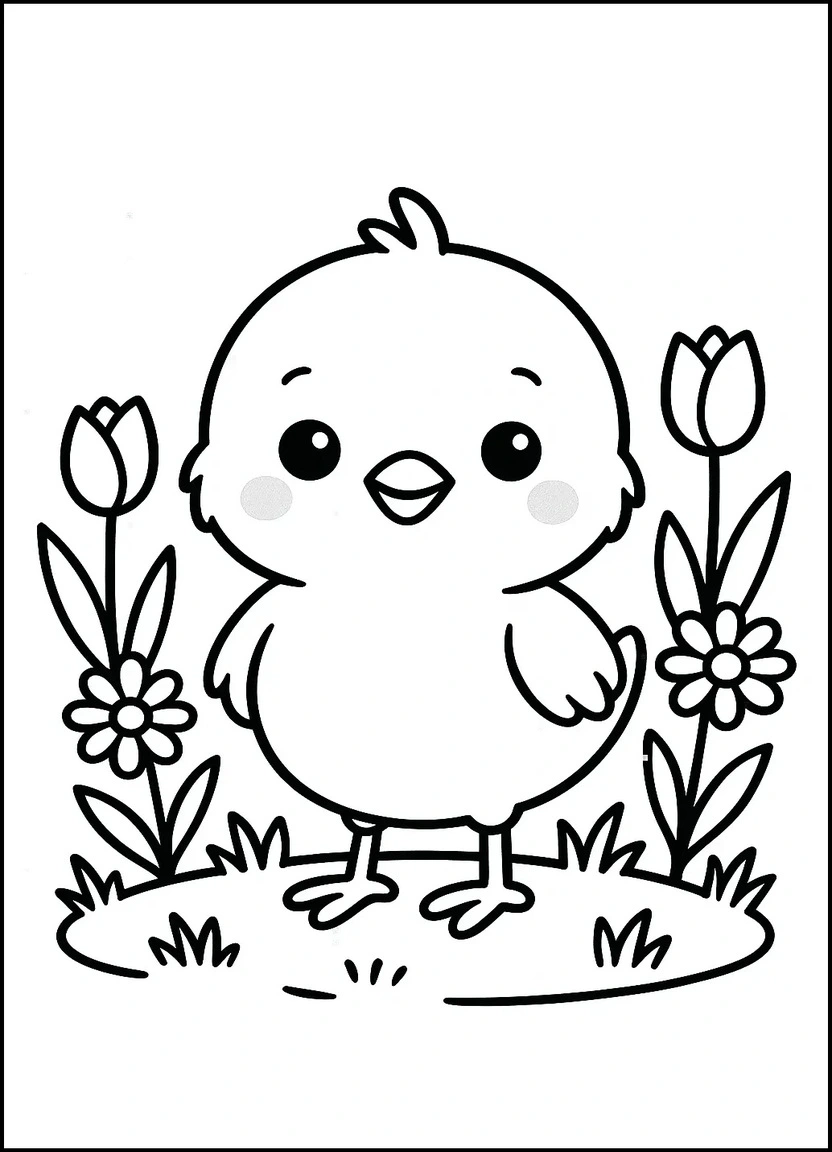 Easter chick with spring flowers coloring page