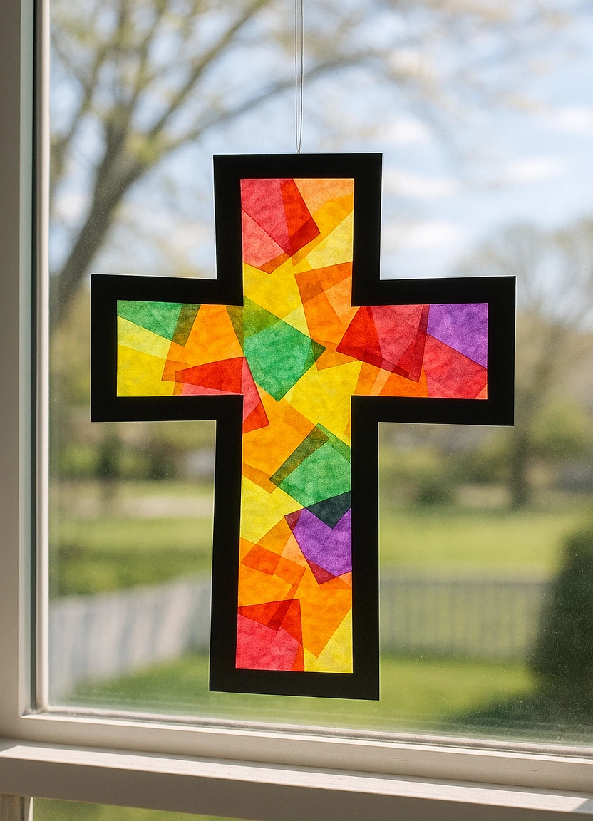 Easter cross sun catcher made with colored tissue paper, glowing in a window.
