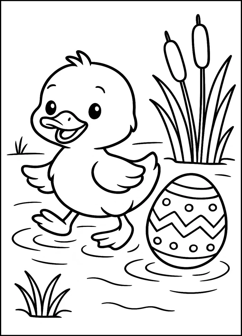 Easter duckling with decorated egg coloring page