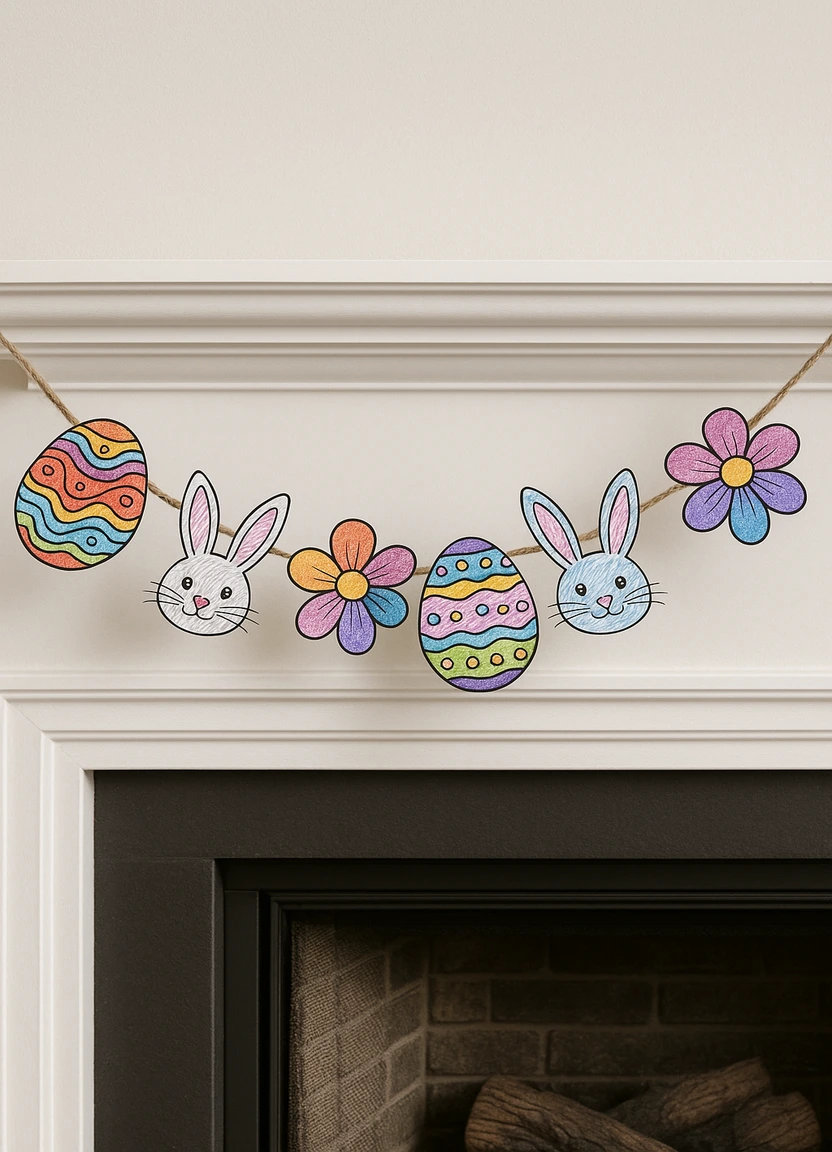 Easter garland made from cut-out eggs and bunnies from coloring pages, strung on twine.