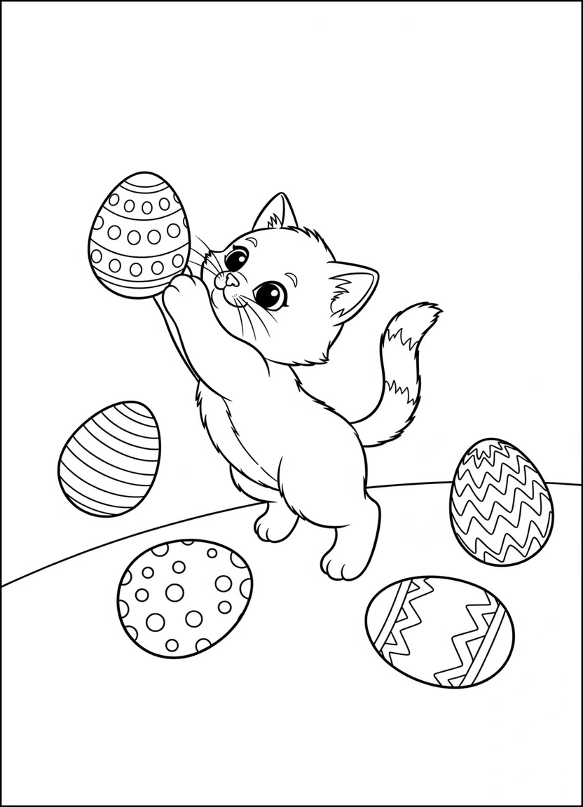 Easter kitten playing with eggs coloring page