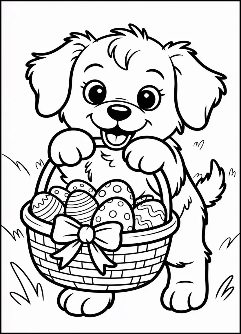 Easter puppy carrying basket coloring page