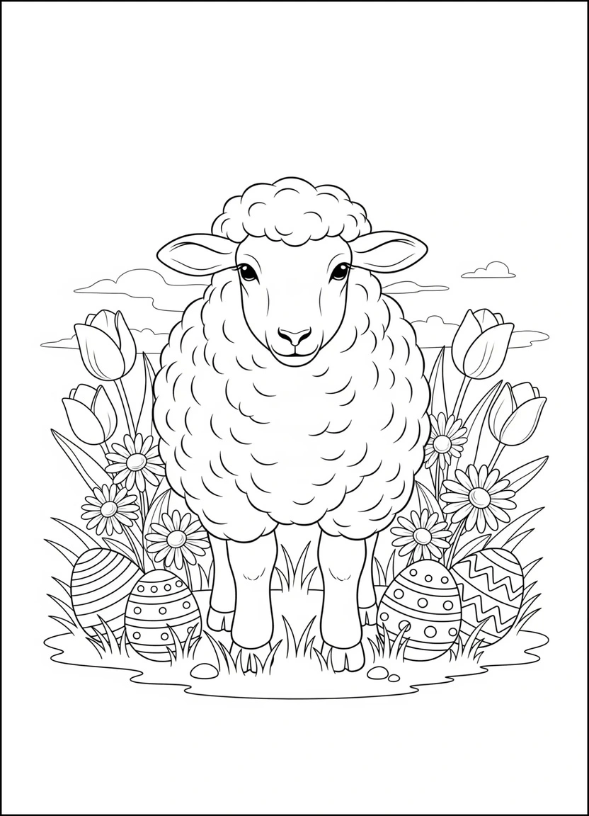 Easter sheep with flowers and hidden eggs coloring page