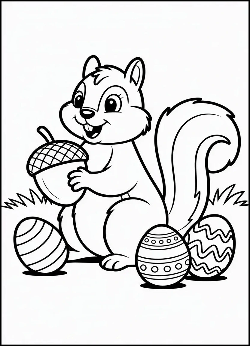 Easter squirrel with acorn and eggs coloring page