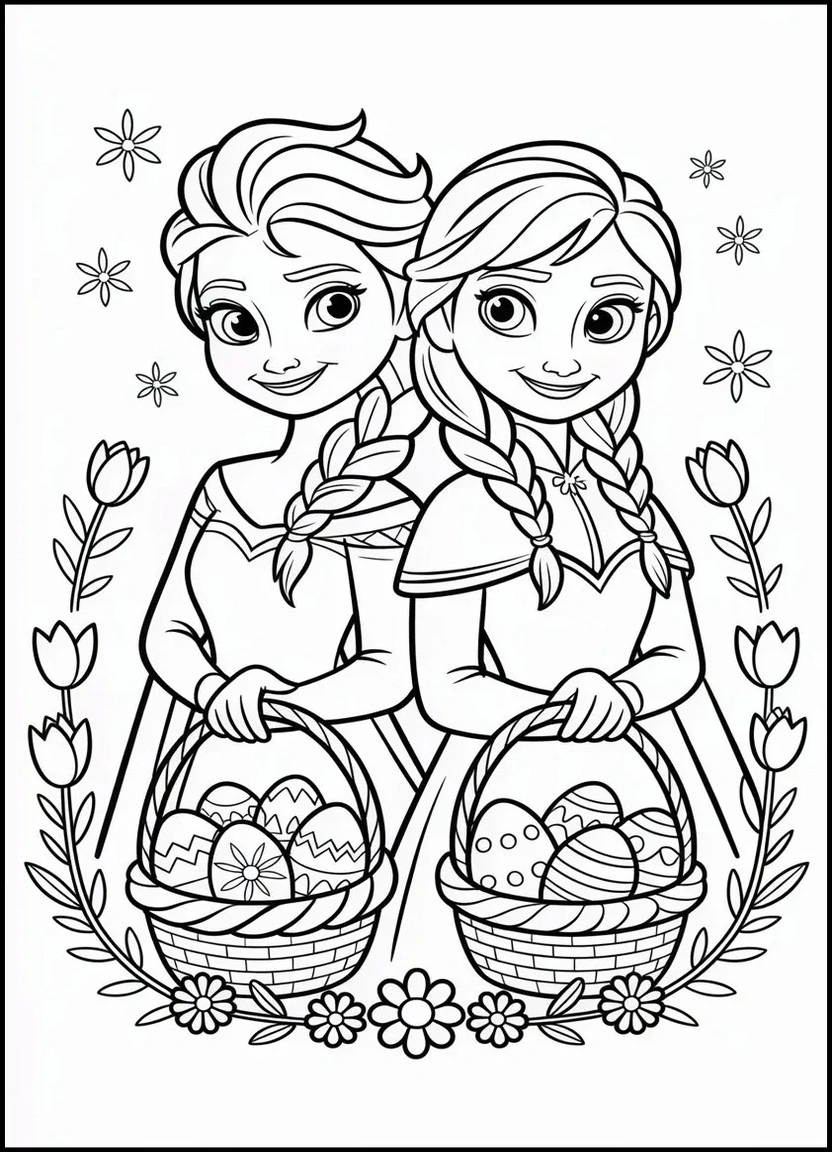 Elsa and Anna with Easter baskets coloring page