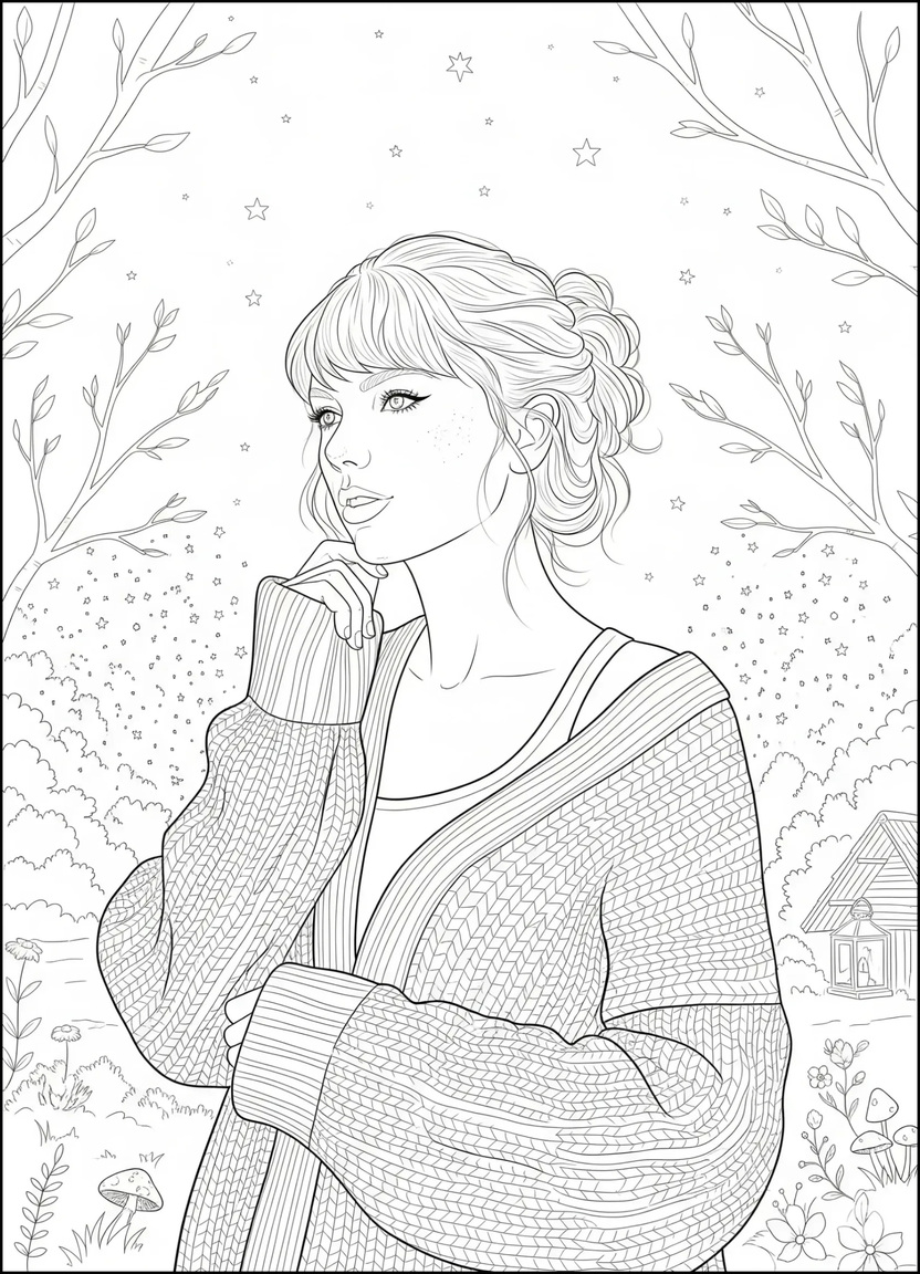Folklore-style portrait of Taylor Swift in cardigan with soft forest background and braided hair