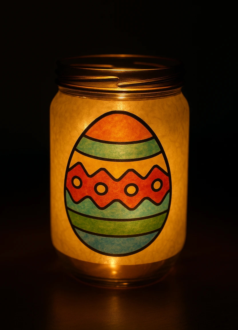 Glow-in-the-dark Easter lantern made from a colored egg page wrapped around a jar with lights inside.