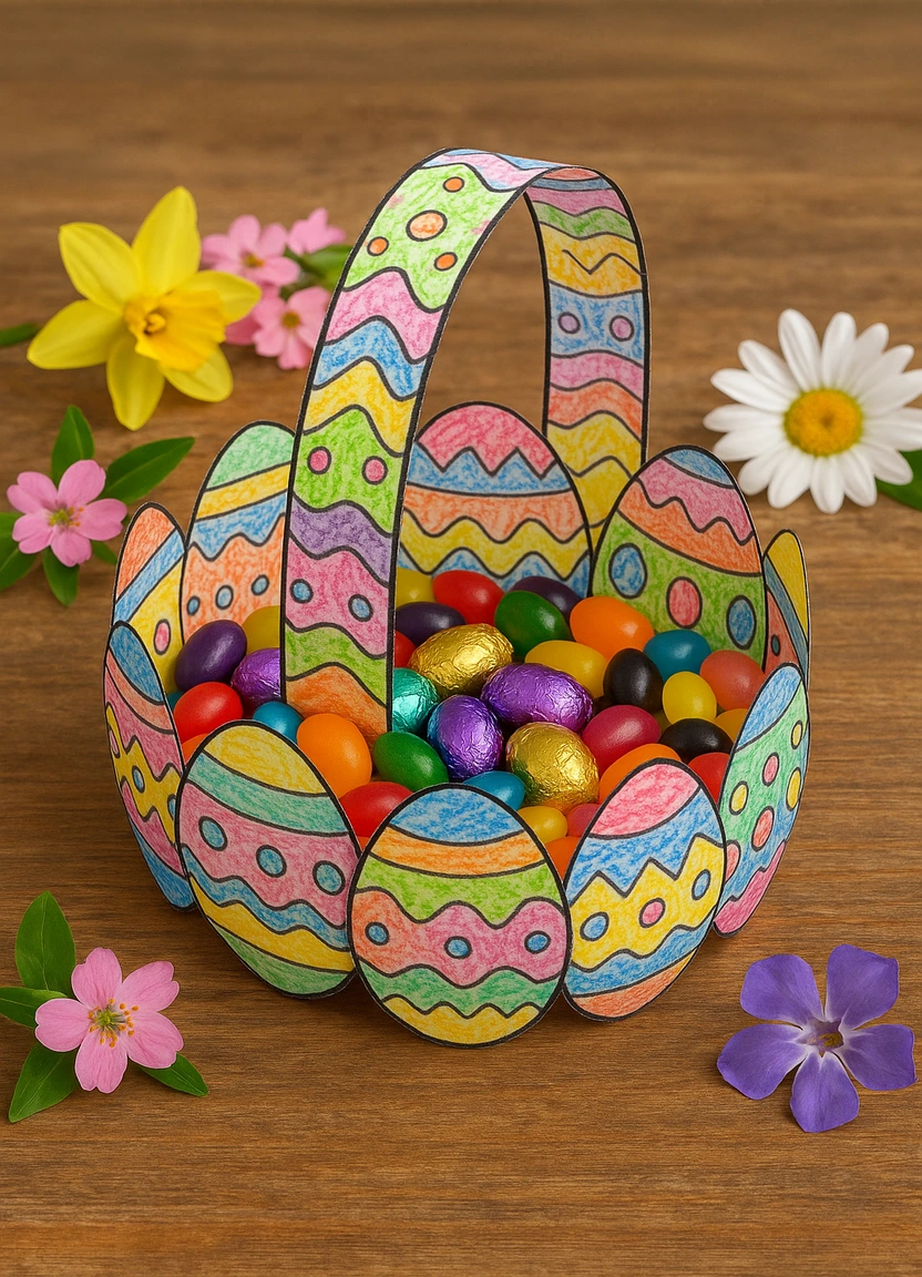 Handmade Easter basket crafted from colored Easter egg pages, filled with candy eggs.