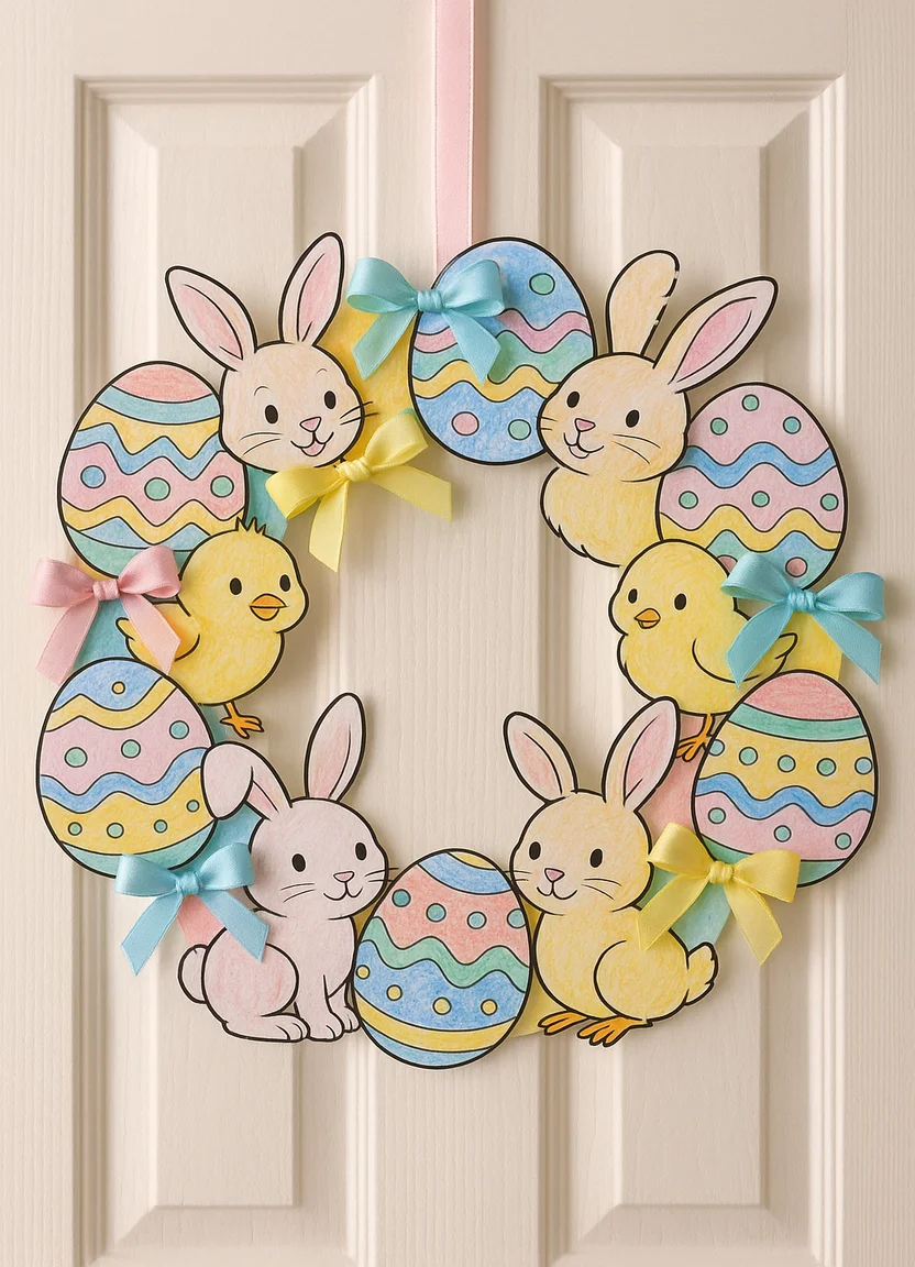Handmade Easter wreath decorated with eggs, bunnies, and chicks from coloring pages