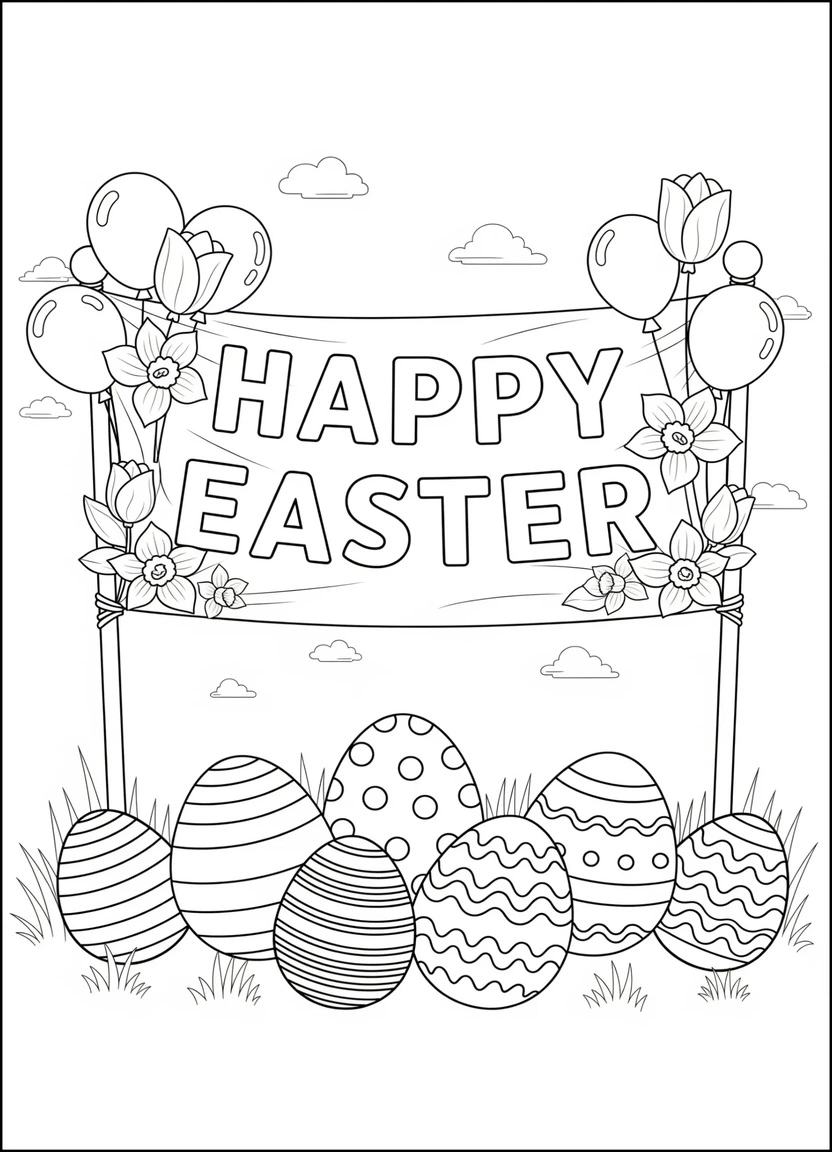 Happy Easter banner with balloons and eggs coloring page