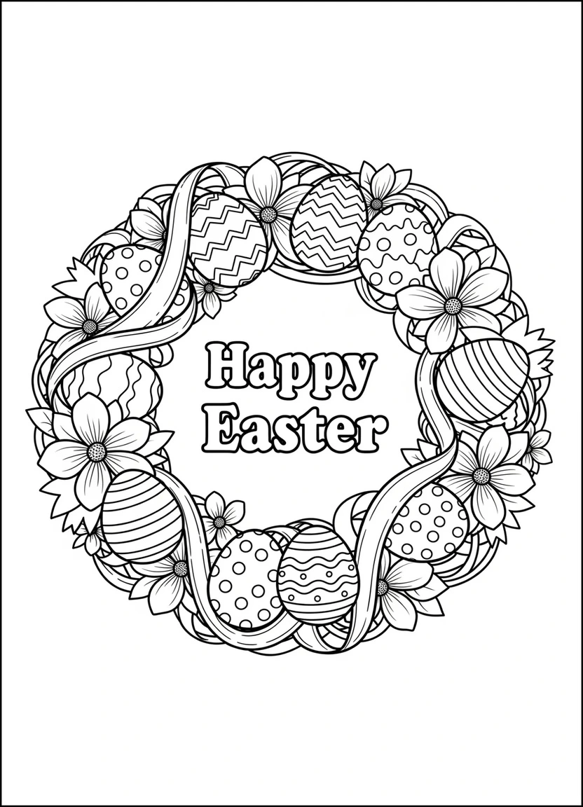 Happy Easter floral wreath with eggs coloring page