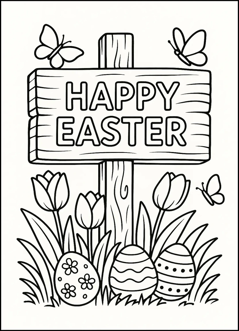 Happy Easter garden sign with flowers coloring page
