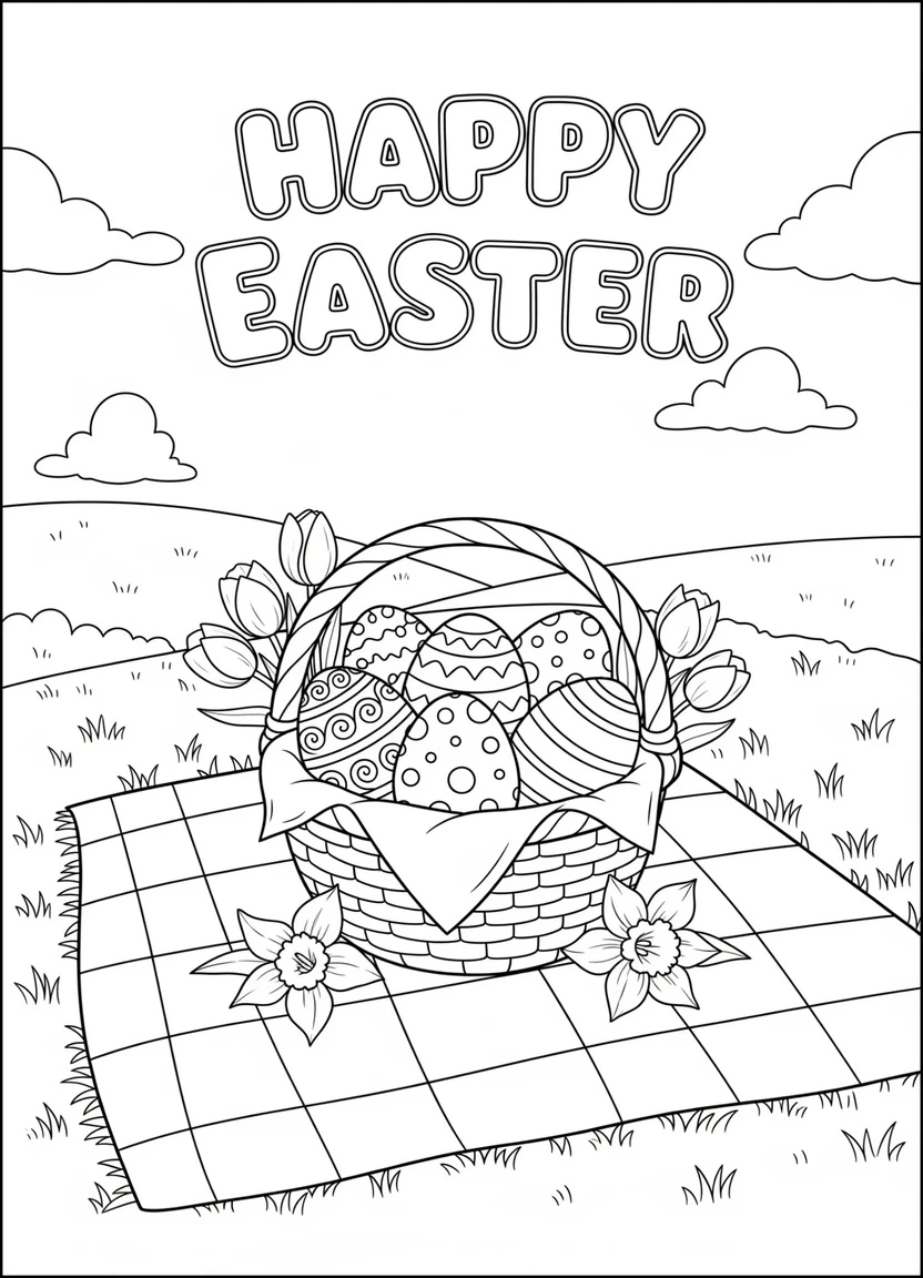 Happy Easter picnic with basket and eggs coloring page