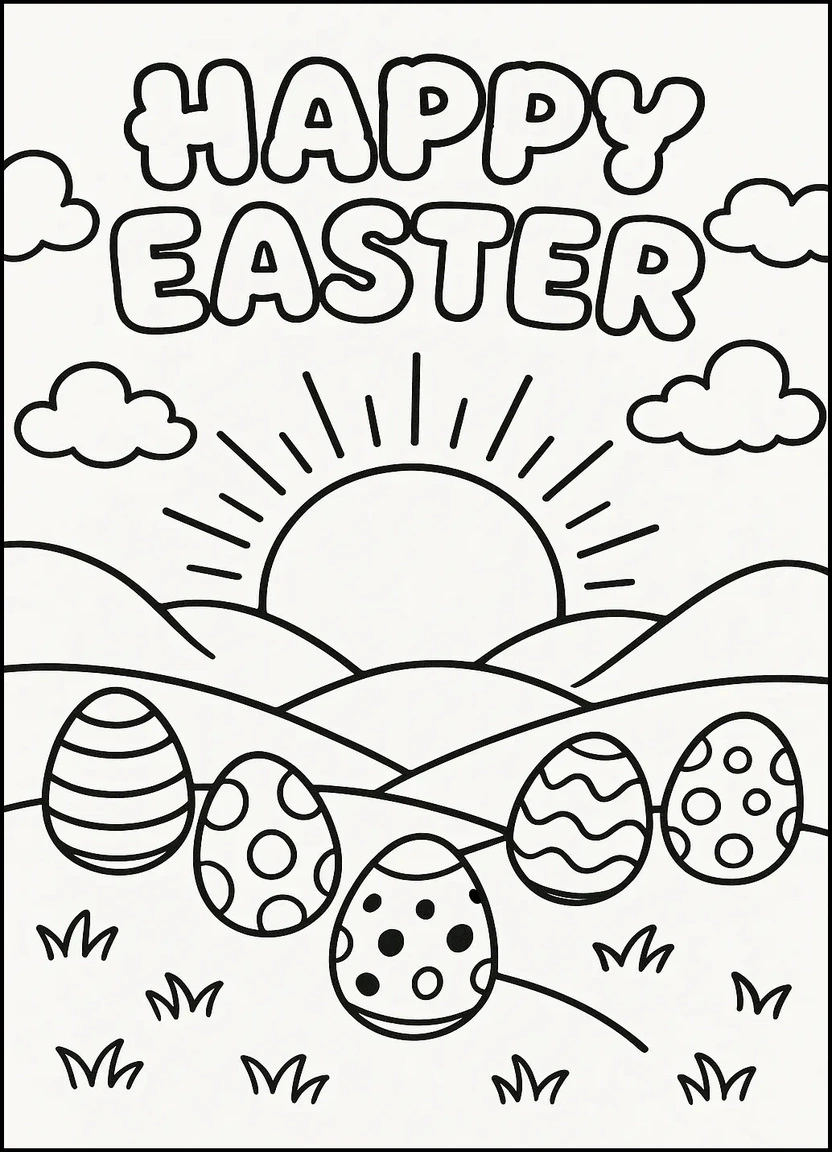Happy Easter sunrise scene with eggs and clouds coloring page