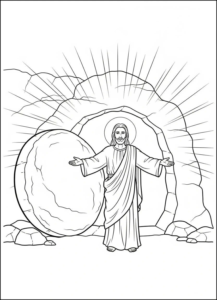 Jesus in front of the empty tomb Easter coloring page