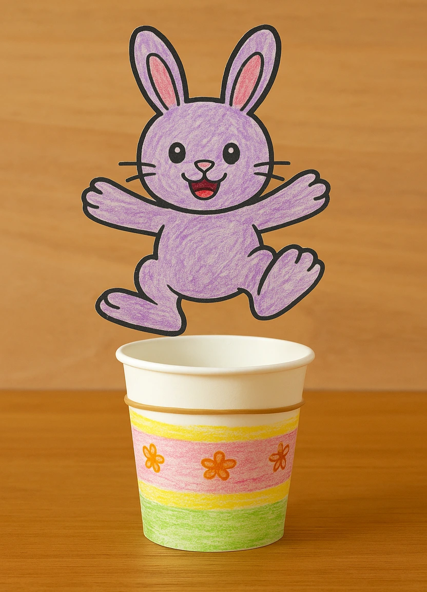 Jumping bunny puppet craft made with a colored bunny page attached to a paper cup.