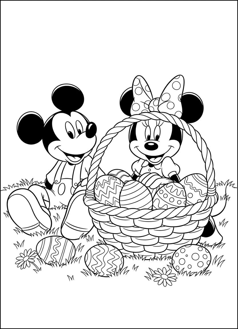 Mickey and Minnie with Easter basket coloring page