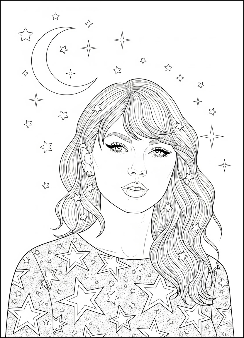 Portrait of Taylor Swift with side-swept bangs, stars in hair and outfit, inspired by Midnights