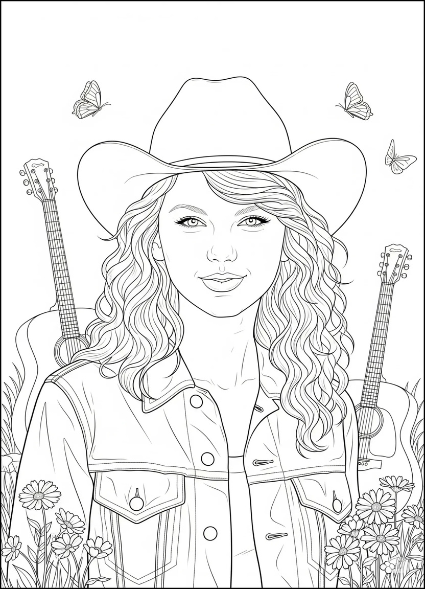 Portrait of young Taylor Swift with curly hair, cowboy hat, and country-style elements