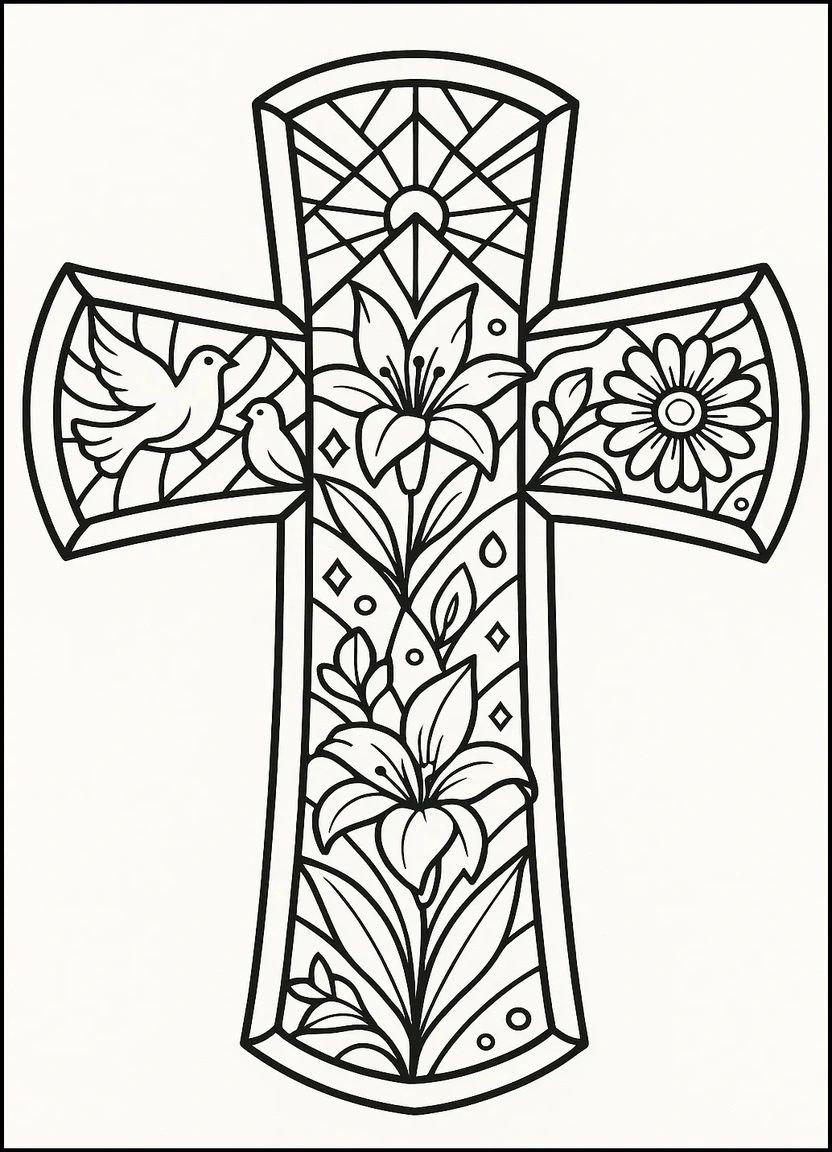 Stained glass cross Easter coloring page