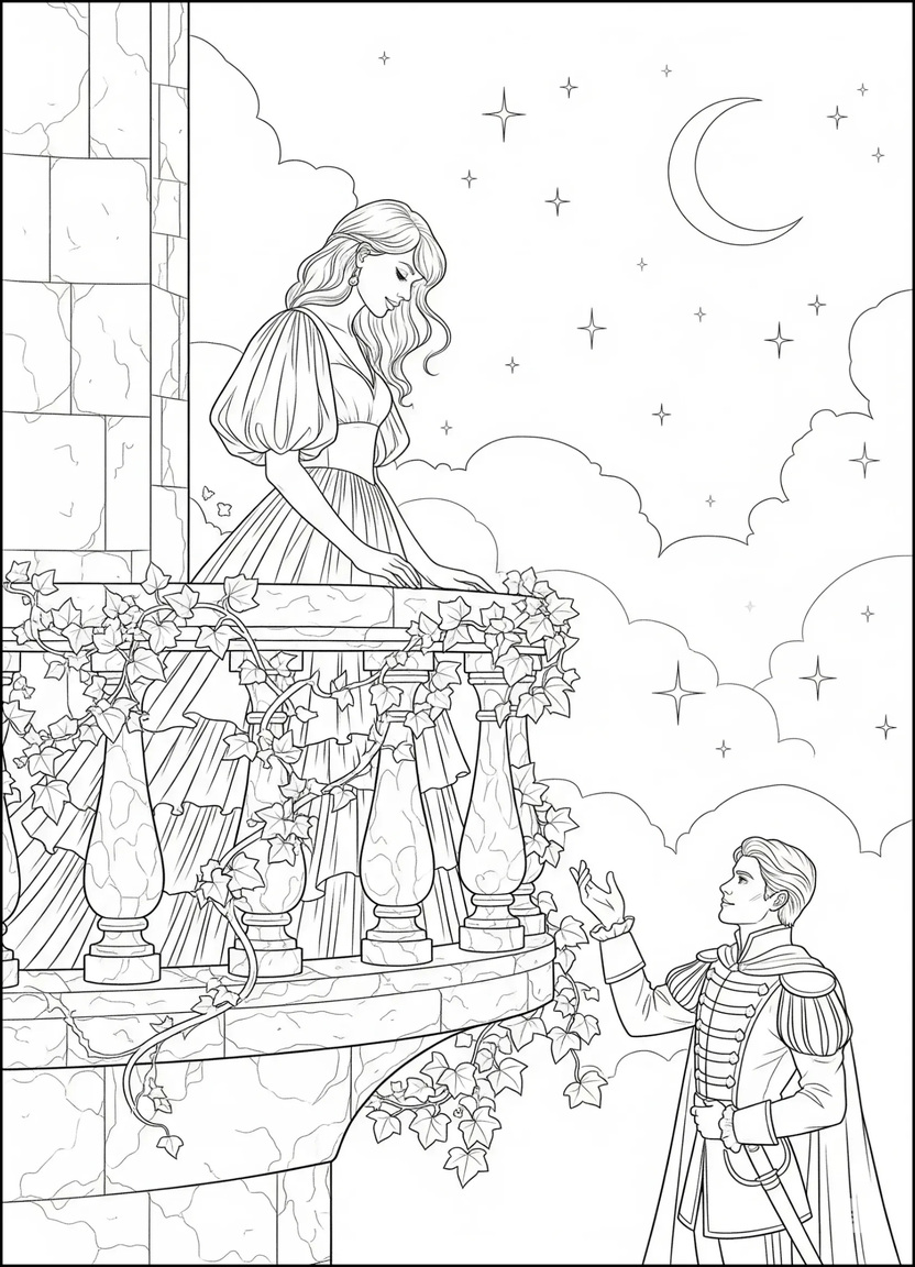 aylor Swift as Juliet on a balcony with a prince below