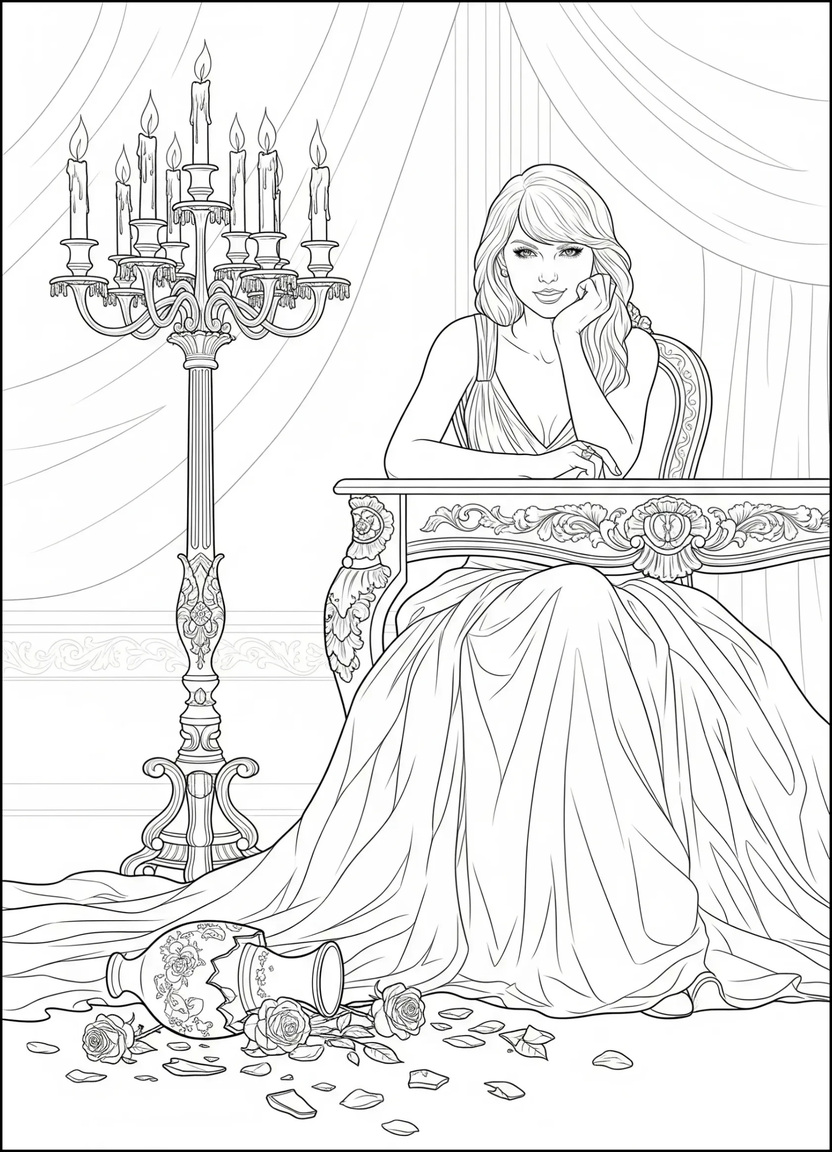 Taylor Swift at a dramatic dining table from “Blank Space.”