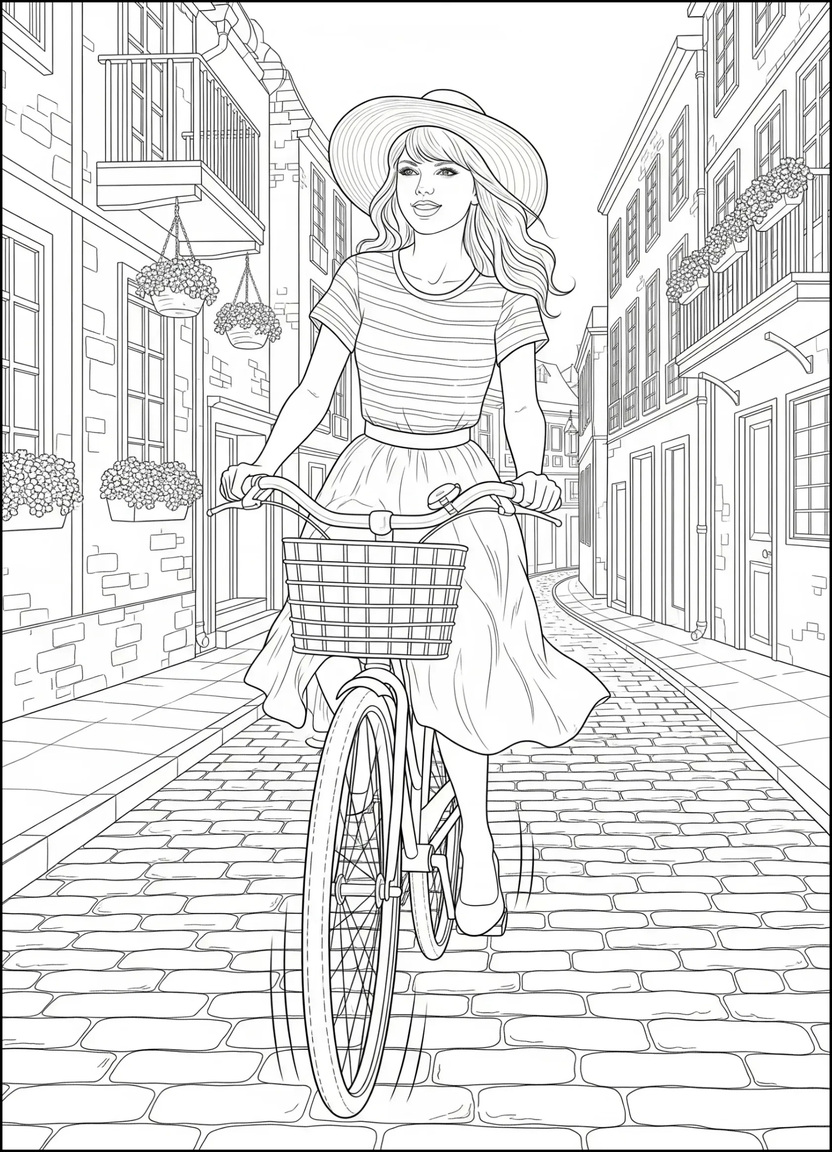 Taylor Swift cycling through a quaint cobblestone street for 1989-inspired coloring page