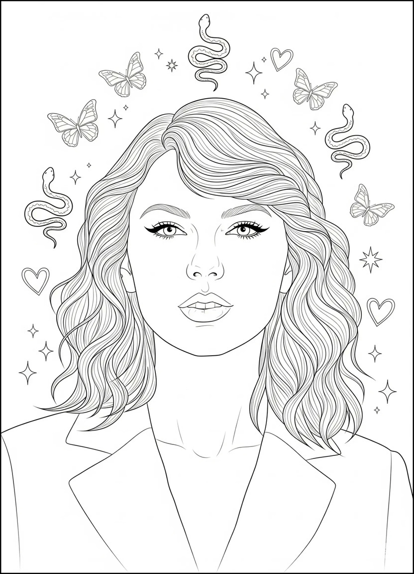 Taylor Swift headshot from Eras Tour poster with background symbols from different music eras