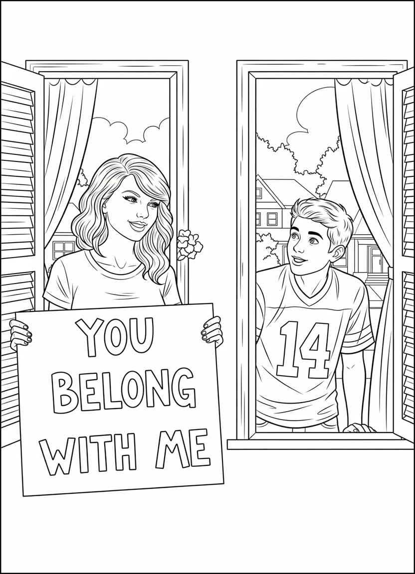  Taylor Swift holding a You Belong With Me sign at her window