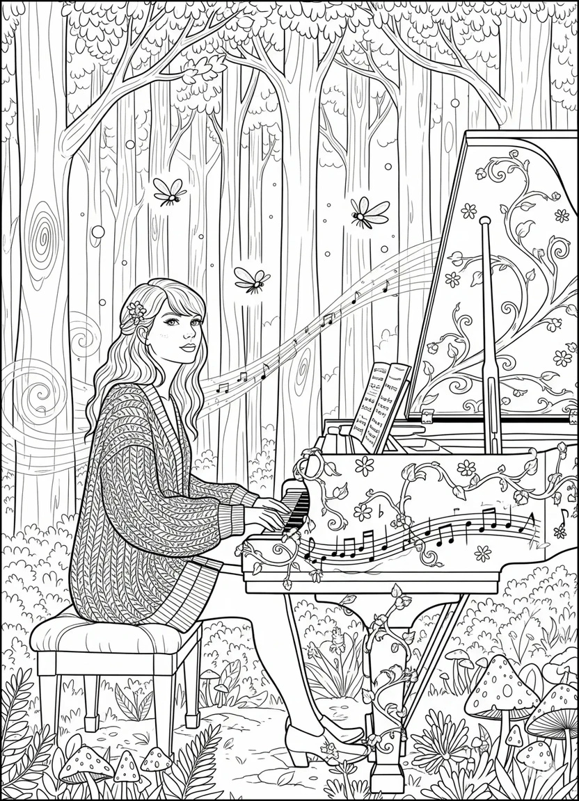 Taylor Swift in a cardigan playing piano in the forest