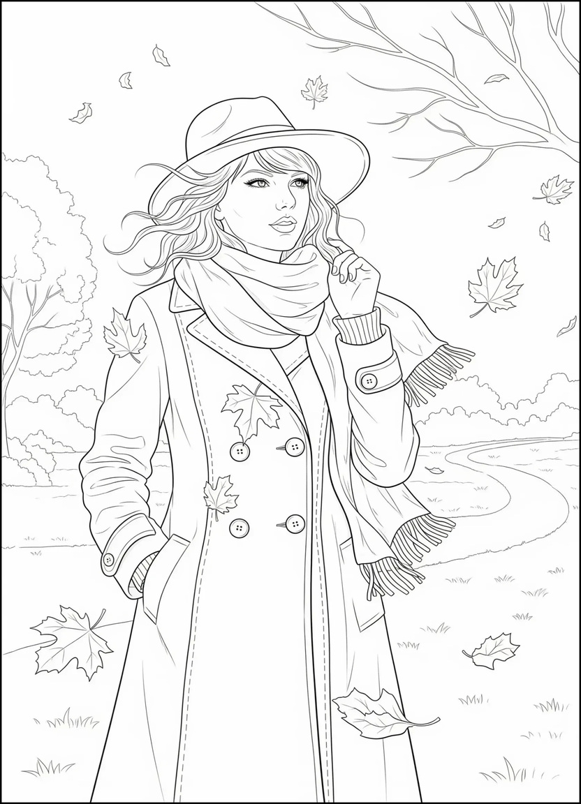 Taylor Swift in autumn setting with hat and scarf, inspired by Red album aesthetic