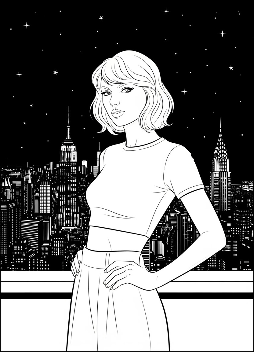 Taylor Swift on rooftop with NYC skyline, inspired by 1989 album era