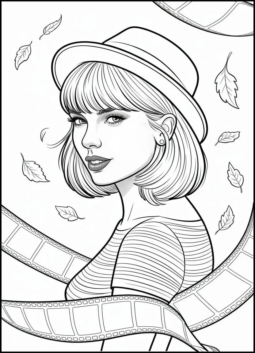 Taylor Swift portrait with bangs, red lipstick, striped shirt, and fall-themed background