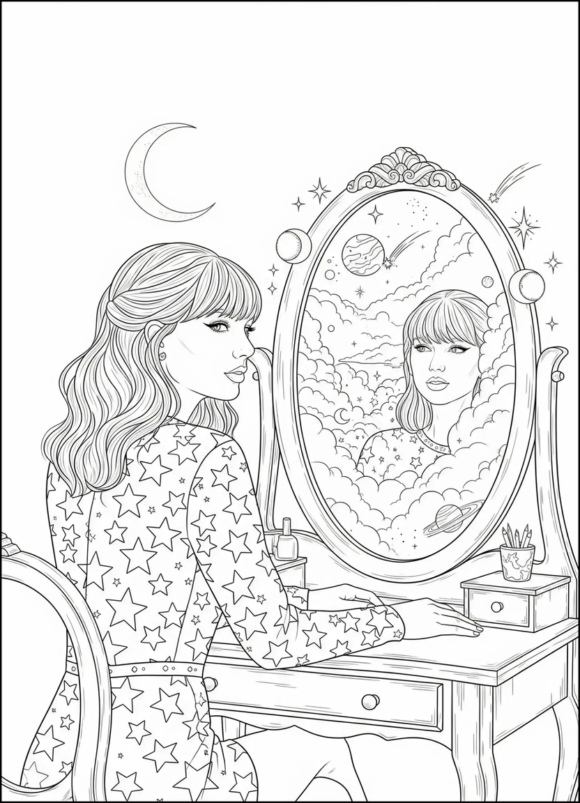Taylor Swift sitting at vanity with starry outfit and moon background, inspired by Midnights