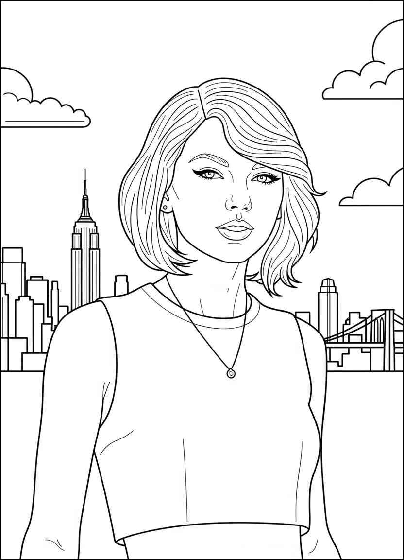 Taylor Swift with short bob from 1989 era, with NYC skyline in the background