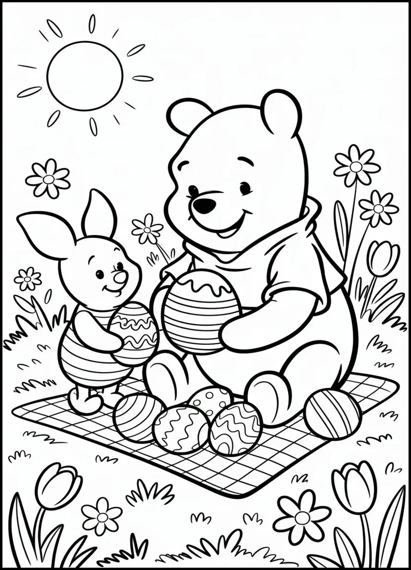 Winnie the Pooh and Piglet Easter picnic coloring page