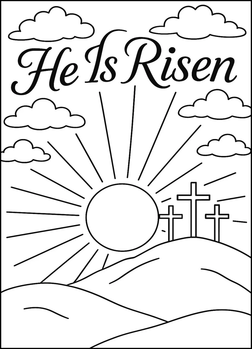 'He Is Risen’ Easter sunrise with crosses coloring page