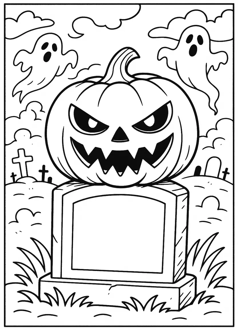 A chilling Jack-O’-Lantern scene in a spooky graveyard, perfect for kids and adults who love a scary Halloween vibe.