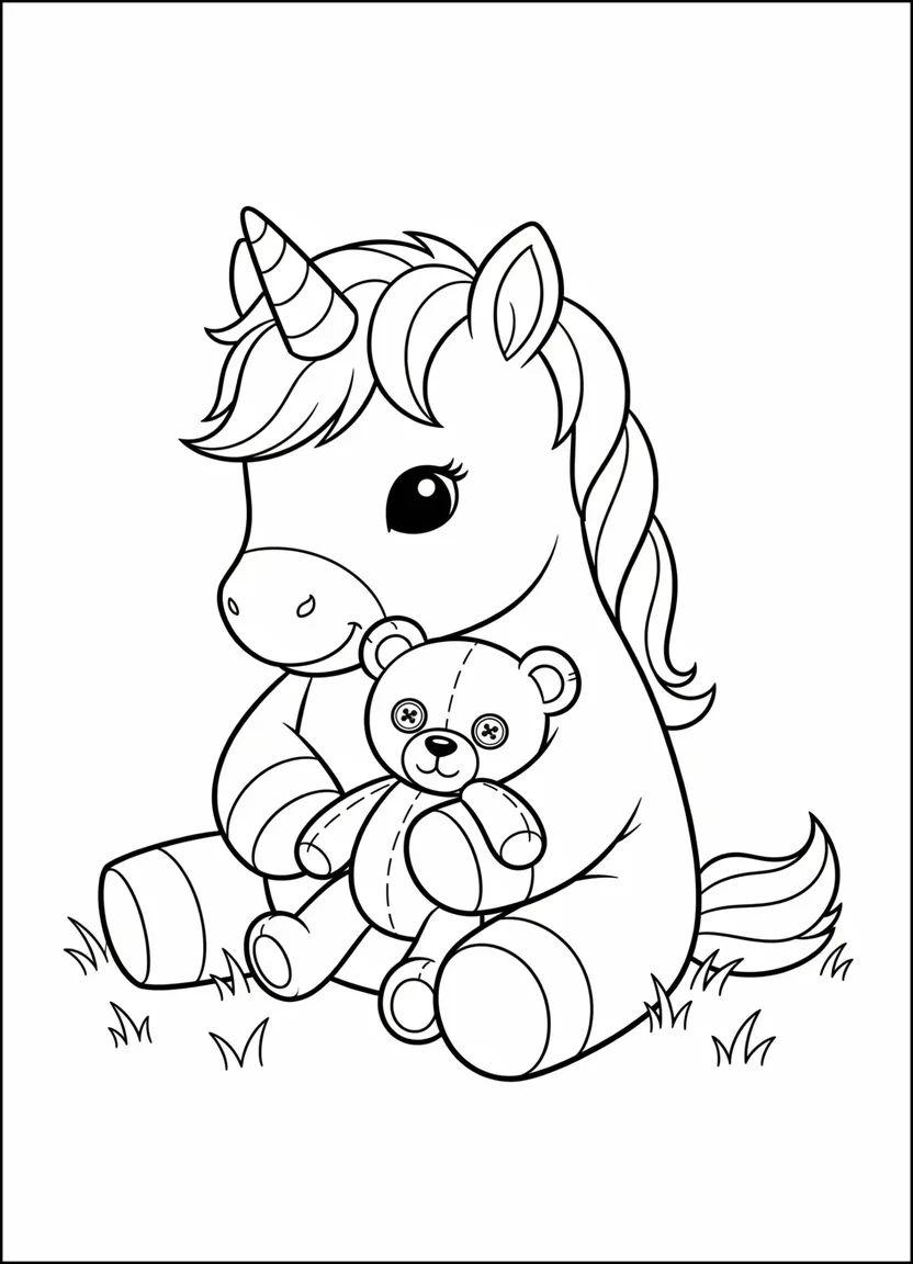 Baby unicorn hugging teddy bear coloring sheet