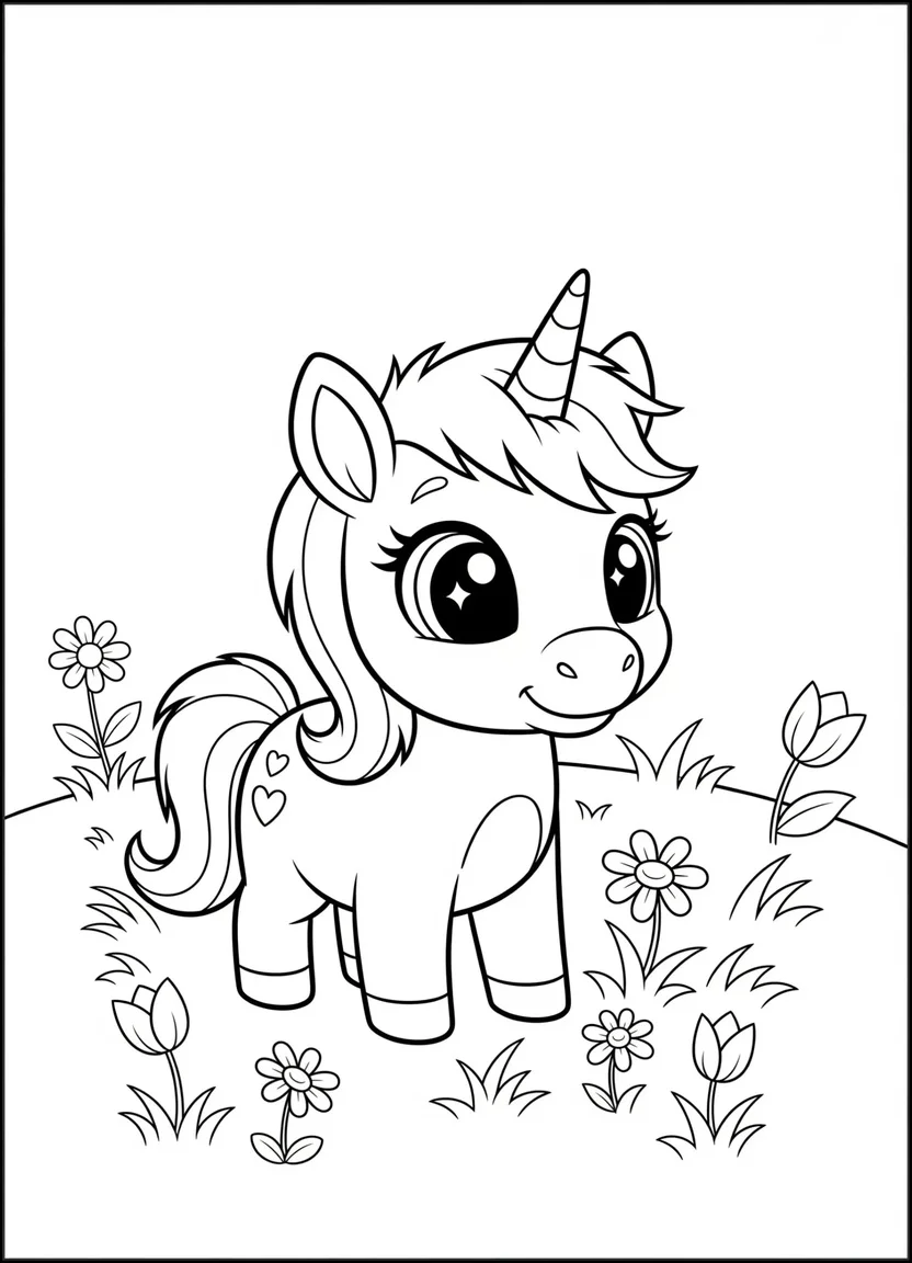 Baby unicorn in a meadow coloring sheet