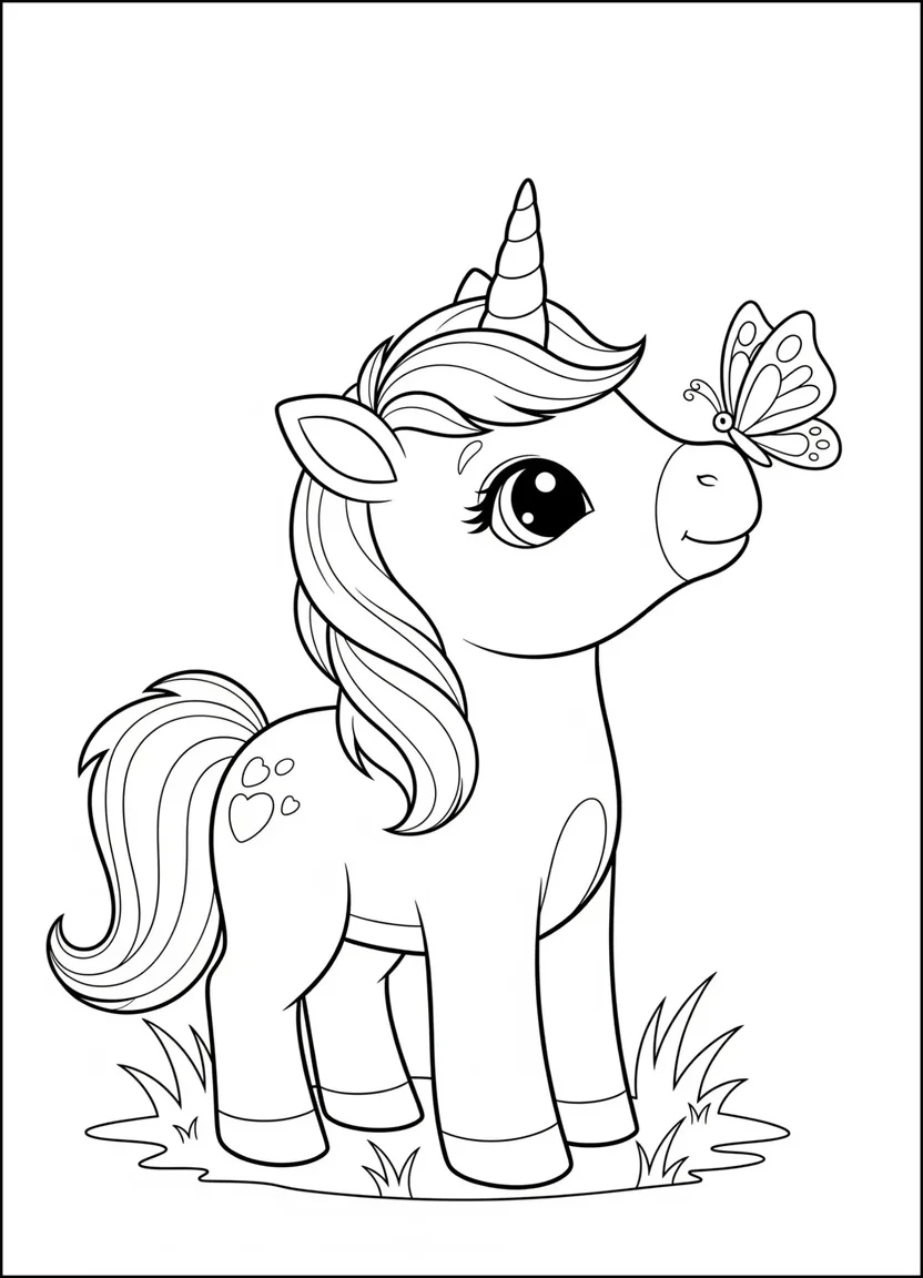 Baby unicorn with butterfly coloring page