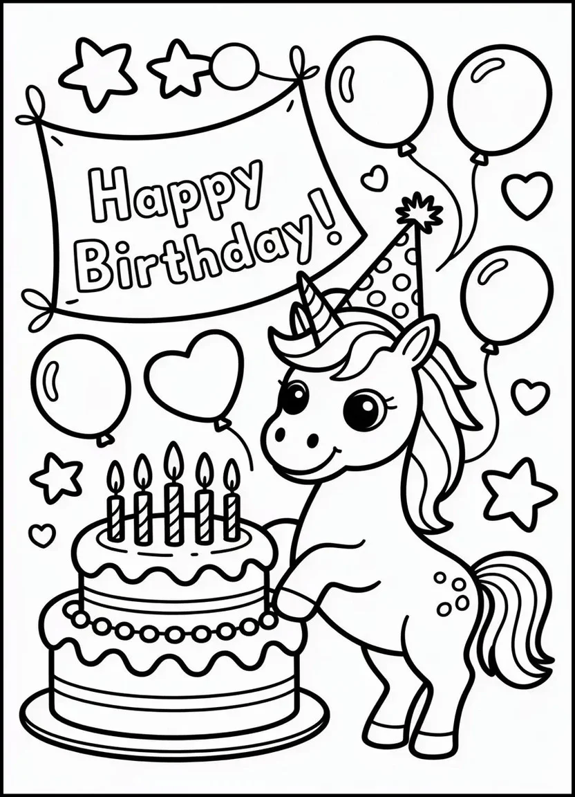 Birthday party unicorn coloring page