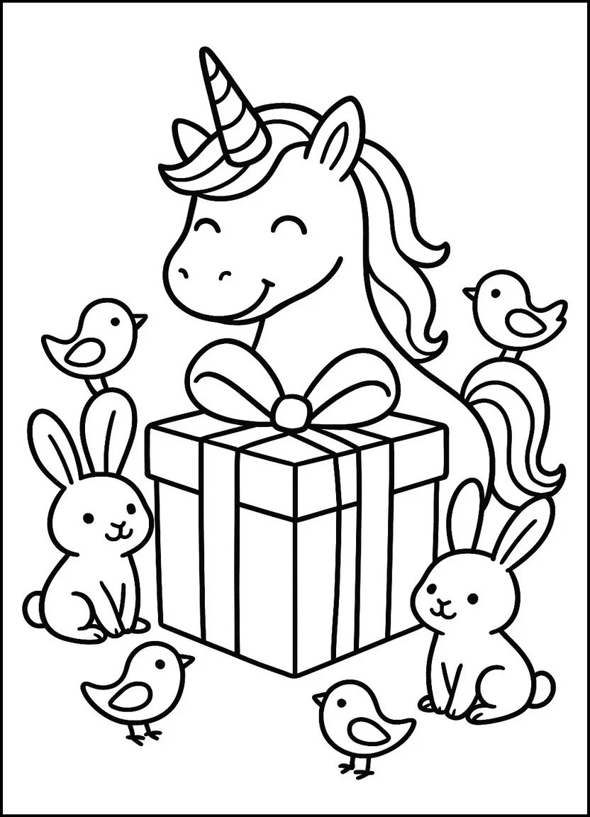 Birthday unicorn with friends coloring page