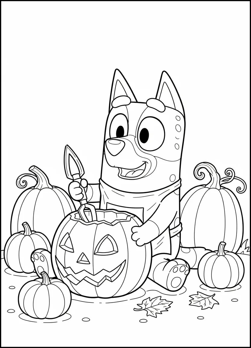 Bluey carving a jack-o’-lantern in a pumpkin patch with autumn leaves, perfect for Halloween coloring pages