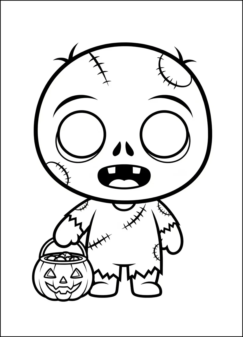 Cartoon-style coloring page of a cute zombie holding a pumpkin candy bucket