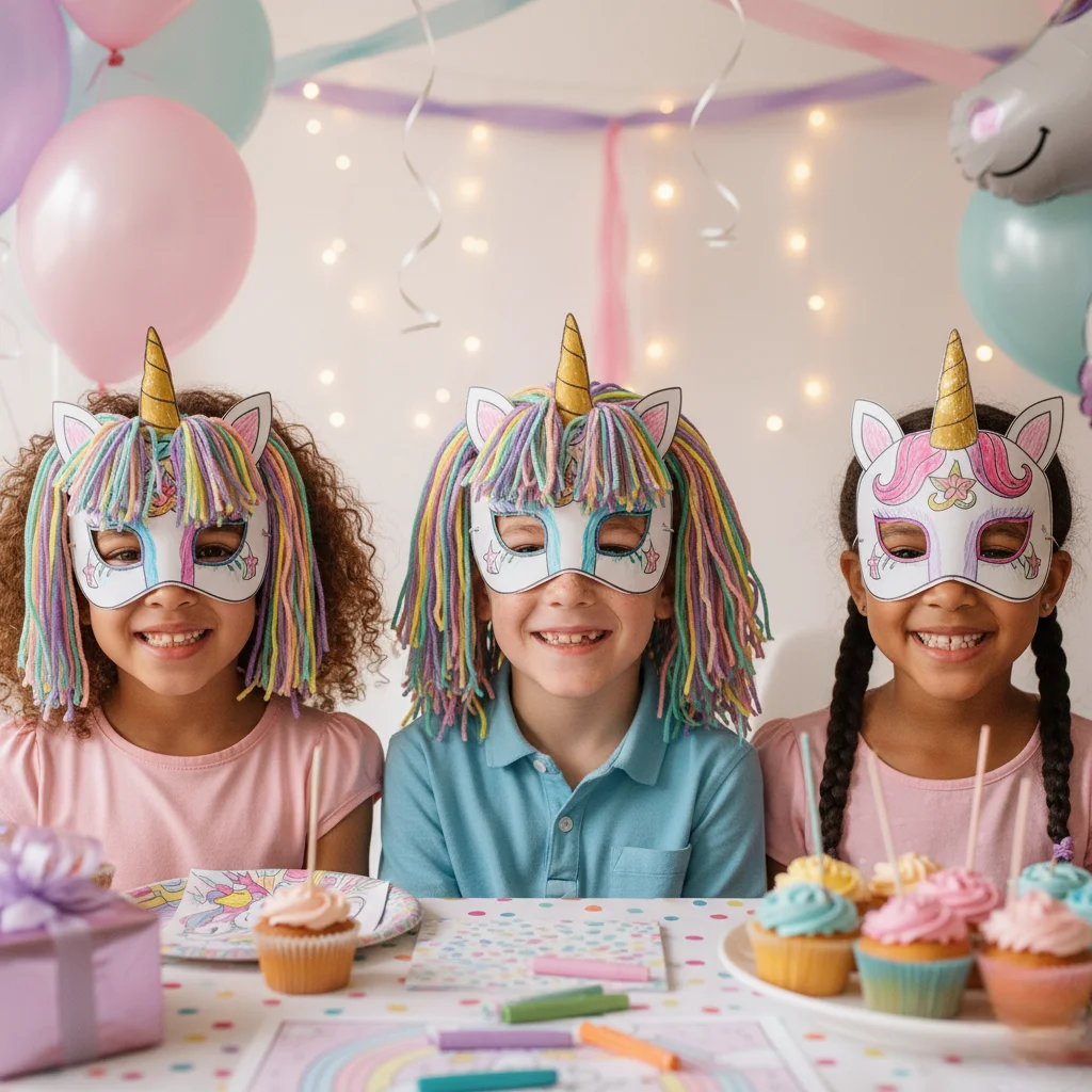 Children wearing unicorn masks made from coloring pages