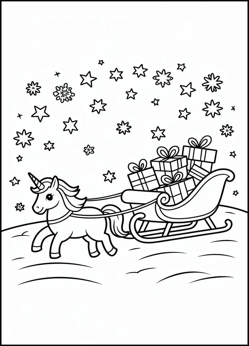 Christmas unicorn with gifts coloring page